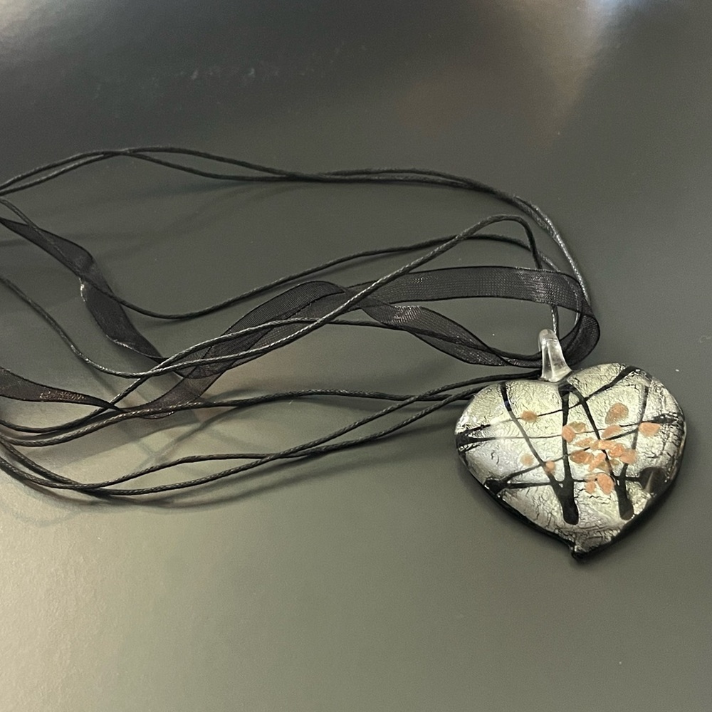 Heart-Shaped Glass Pendant with Black Ribbon